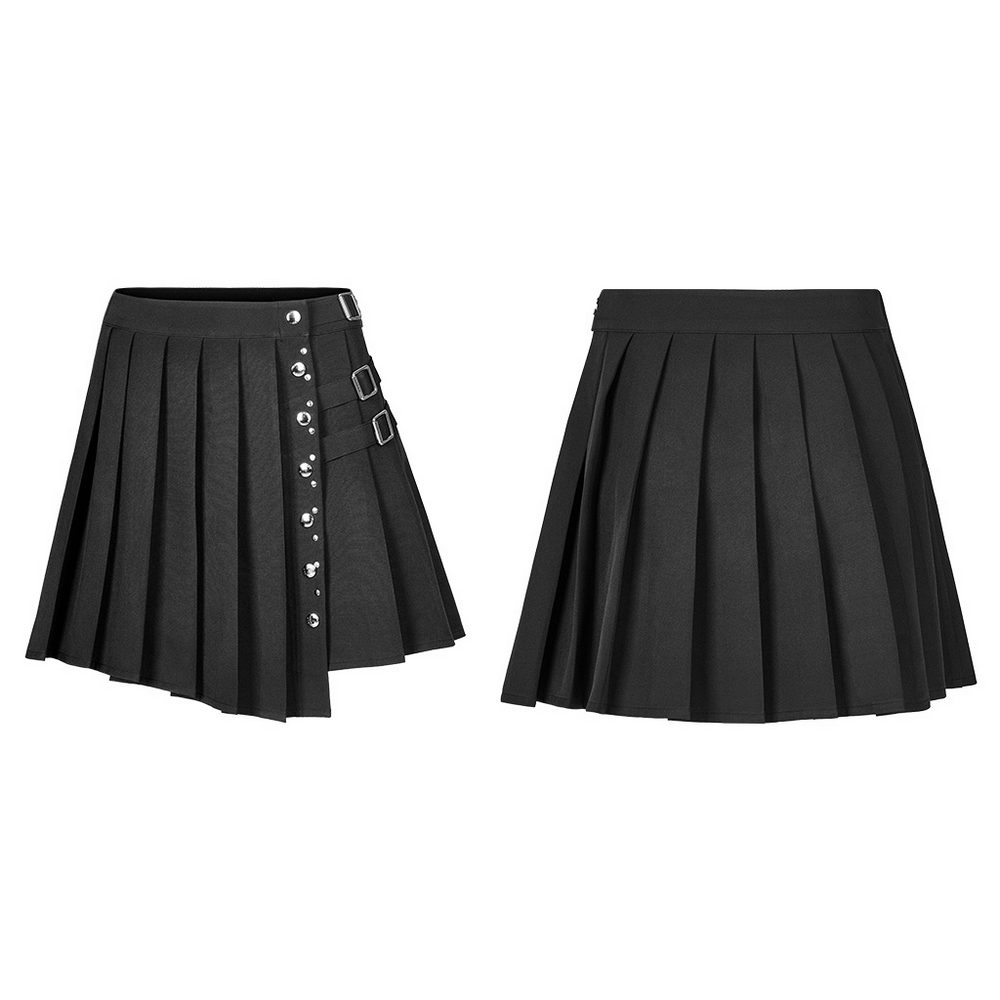 Chic women's punk pleated mini skirt featuring decorative rivets and sleek design for an edgy style.