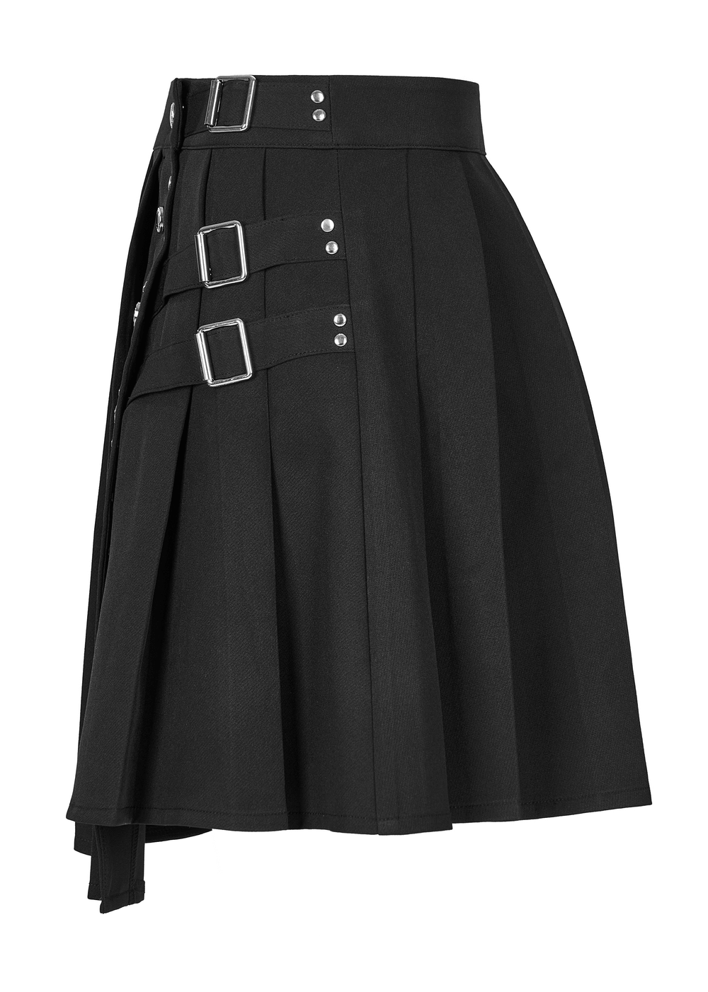 Chic women's black punk pleated mini skirt with decorative rivets and stylish buckle details.