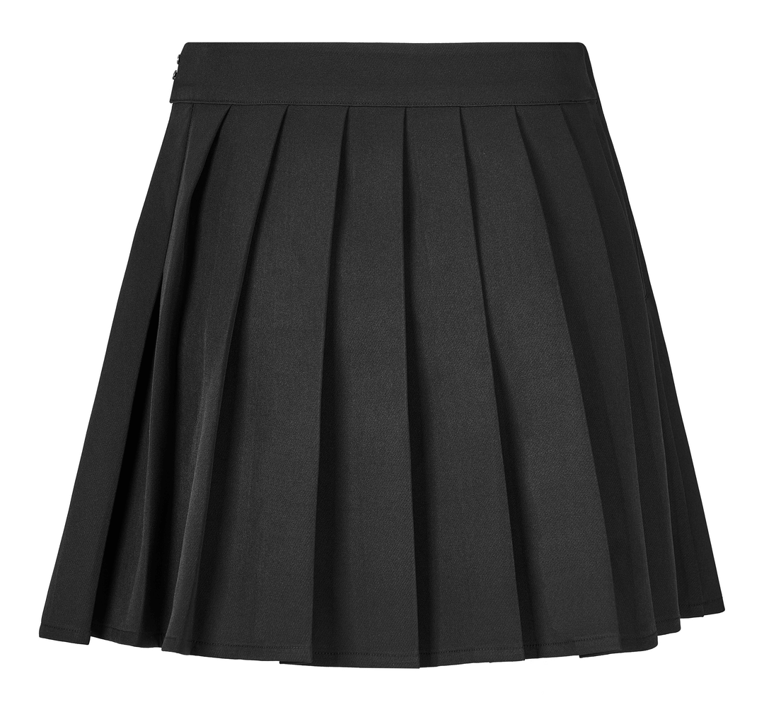 Chic black pleated mini skirt with rivets, perfect for a trendy punk style outfit.