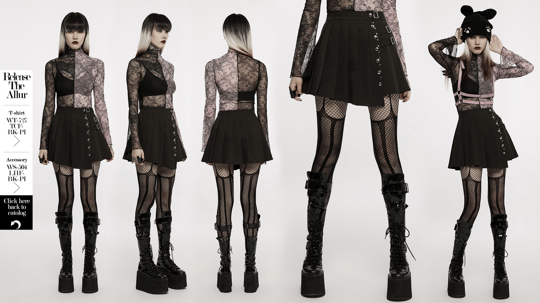 Chic women's punk pleated mini skirt with rivets, showcased in multiple angles with edgy accessories and fishnet stockings.