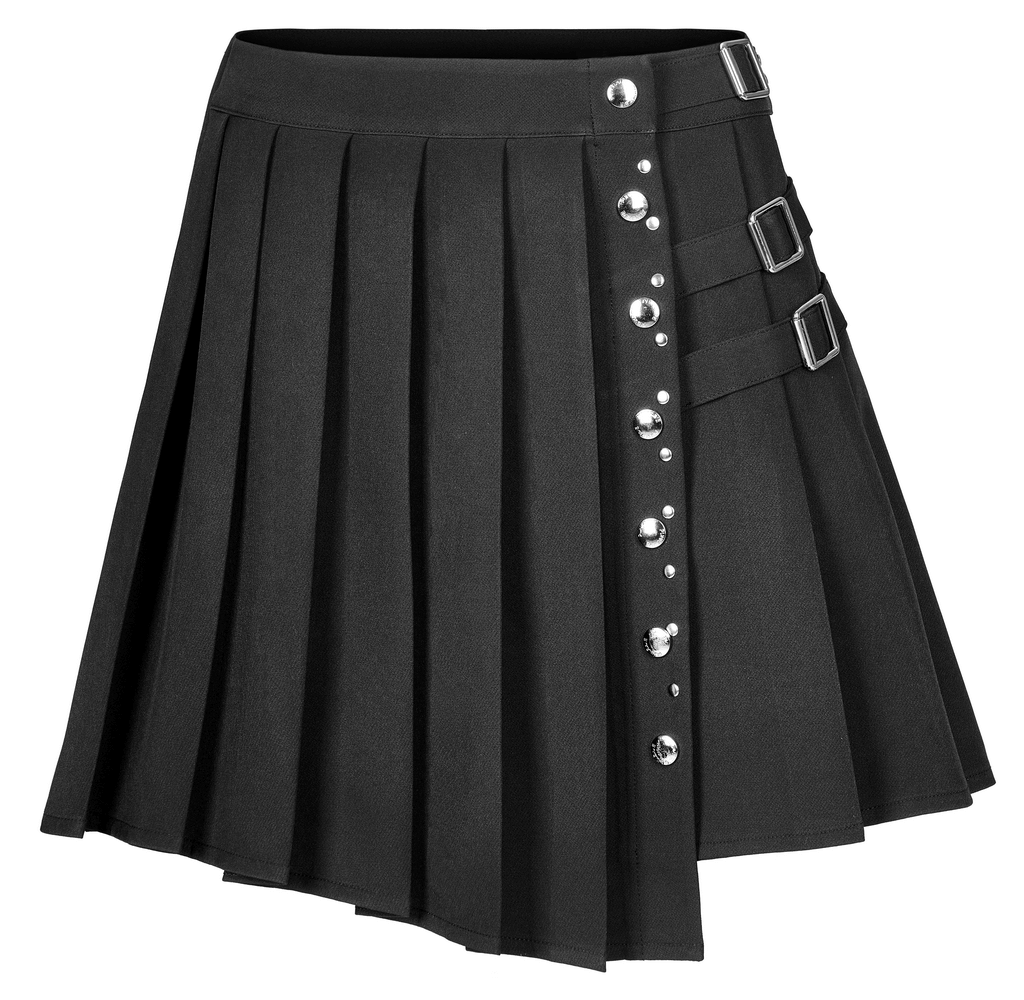 Chic women's black punk pleated mini skirt with rivets and adjustable buckle details.