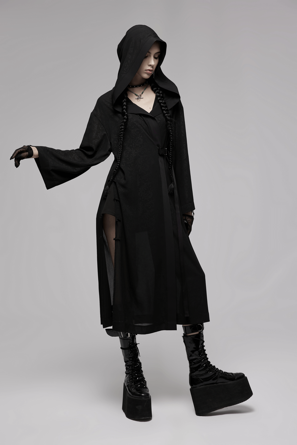 Chiffon Gothic Long Coat with Dark Pattern Detail - HARD'N'HEAVY