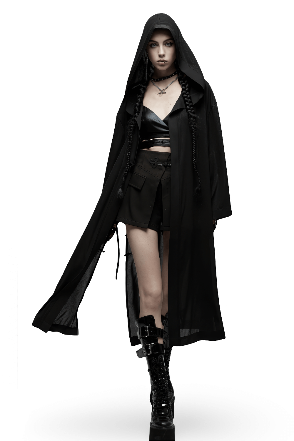 Chiffon Gothic Long Coat with Dark Pattern Detail