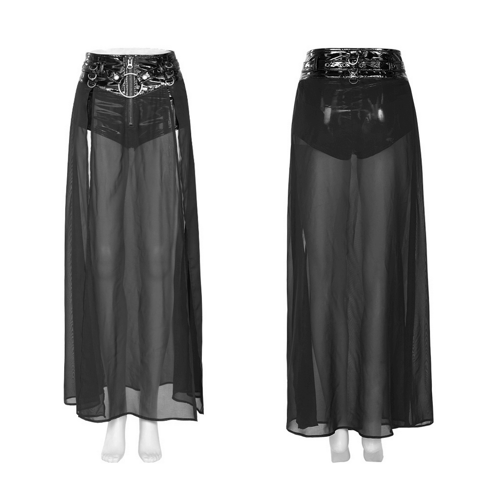 Chiffon overlaid punk half skirt with adjustable belt, featuring a sleek, sheer design for a bold fashion statement.