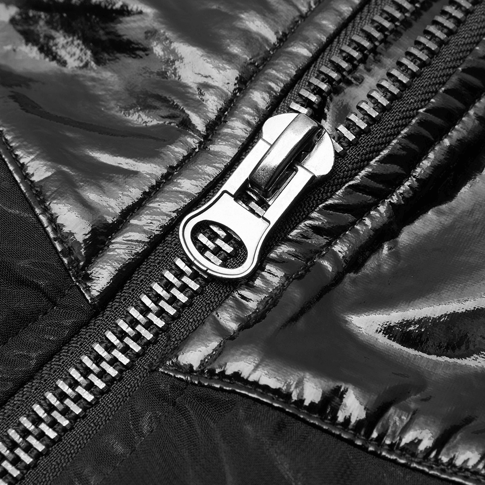 Close-up of a shiny black zipper on a punk-inspired fashion item, highlighting edgy design details.