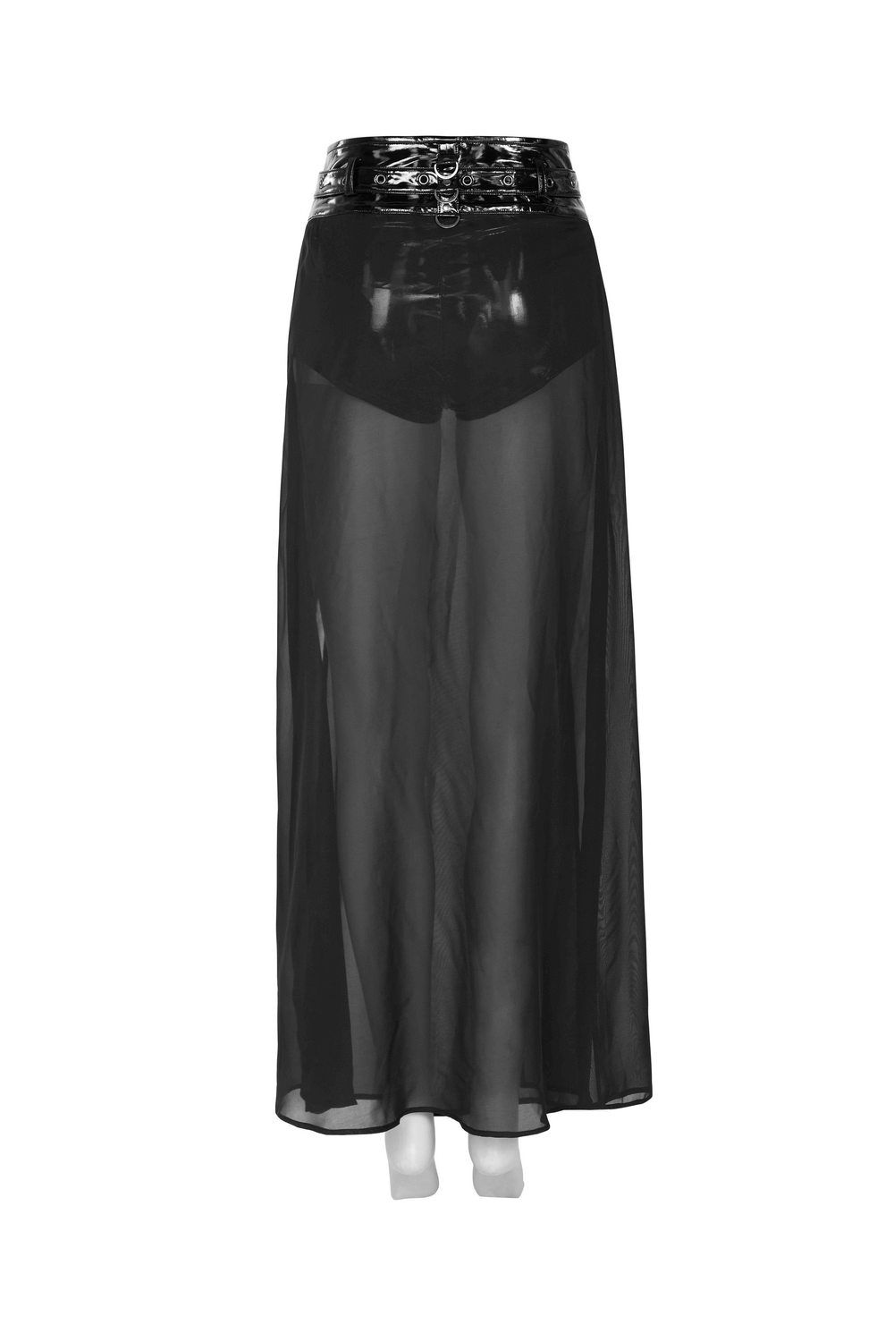 Chiffon overlaid punk half skirt with shiny belt, showcasing bold layers and adjustable fit for an edgy look.