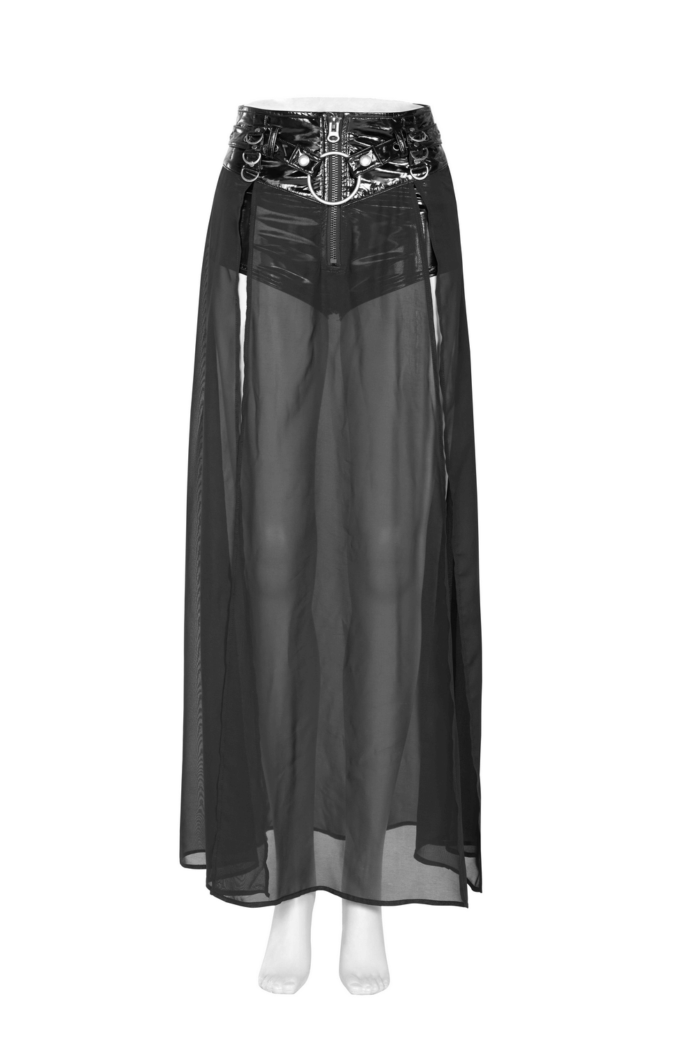Chiffon punk half skirt with adjustable belt, showcasing a bold black design and sheer flowing layers.