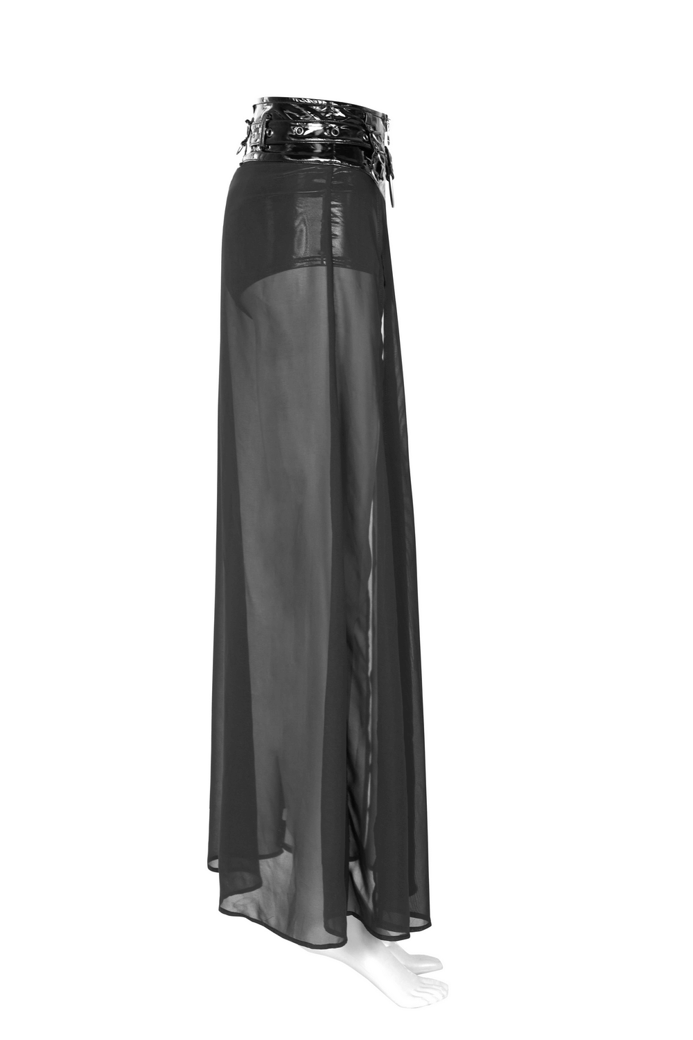 Chiffon overlaid punk half skirt with adjustable belt, showcasing a stylish layered design and edgy shine.