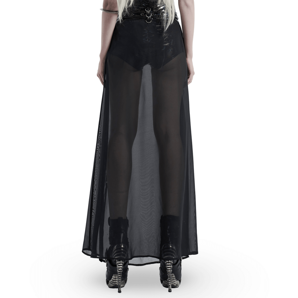 Back view of a model wearing a flowing sheer chiffon punk half skirt with adjustable belt, showcasing edgy style.