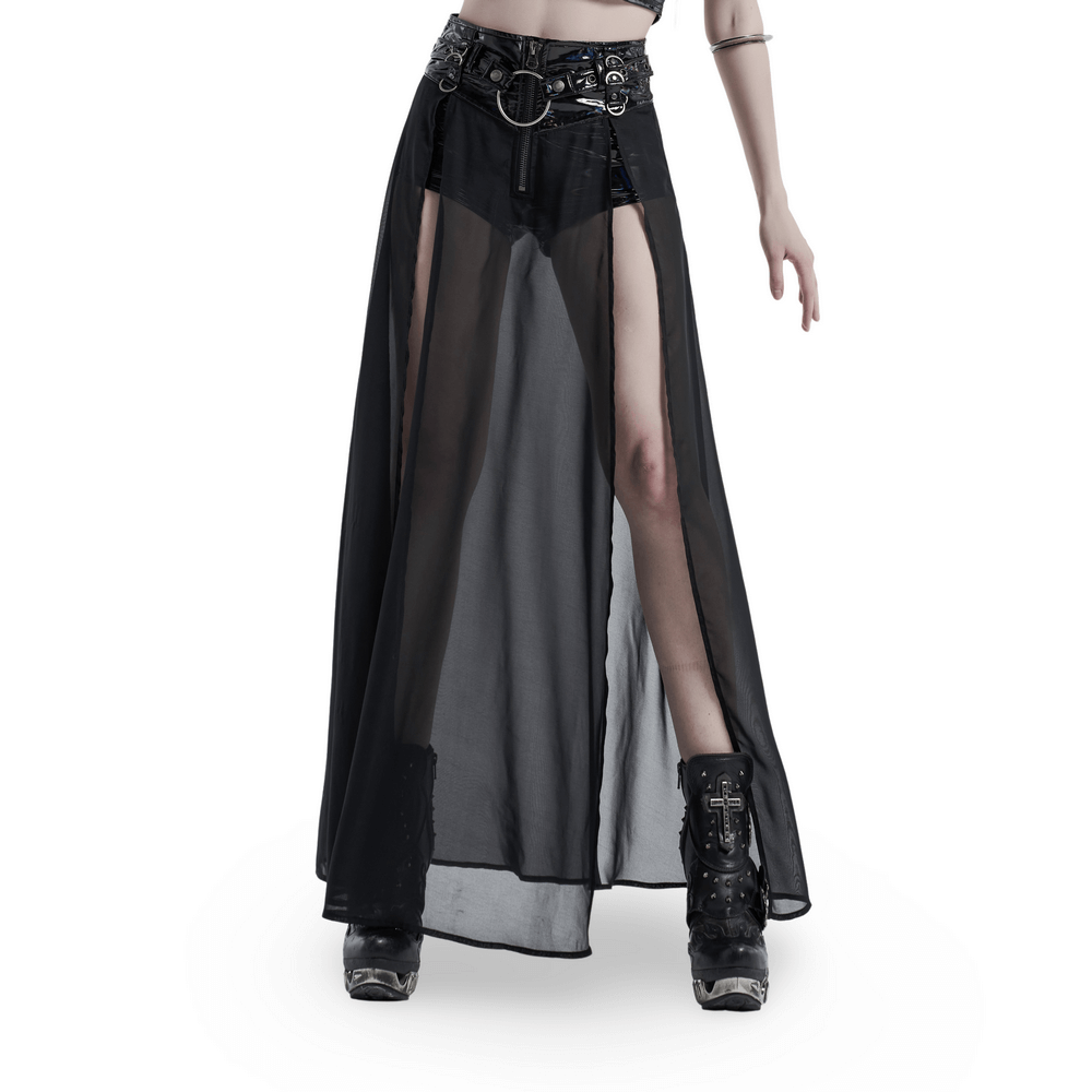 Chiffon overlaid punk half skirt with adjustable belt and sheer layers for an edgy fashion statement.