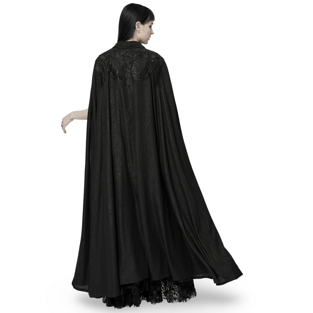Elegant goth lapel cloak with crystal details, flowing gracefully from the back, showcasing lace and chiffon texture.