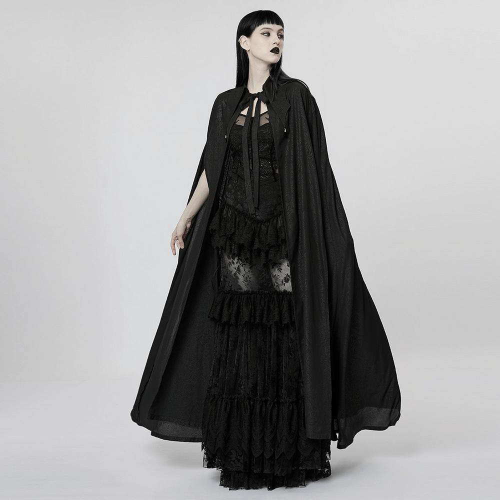 Mystical goth lapel cloak with crystal pendant, lace details, perfect for enchanting gothic fashion.