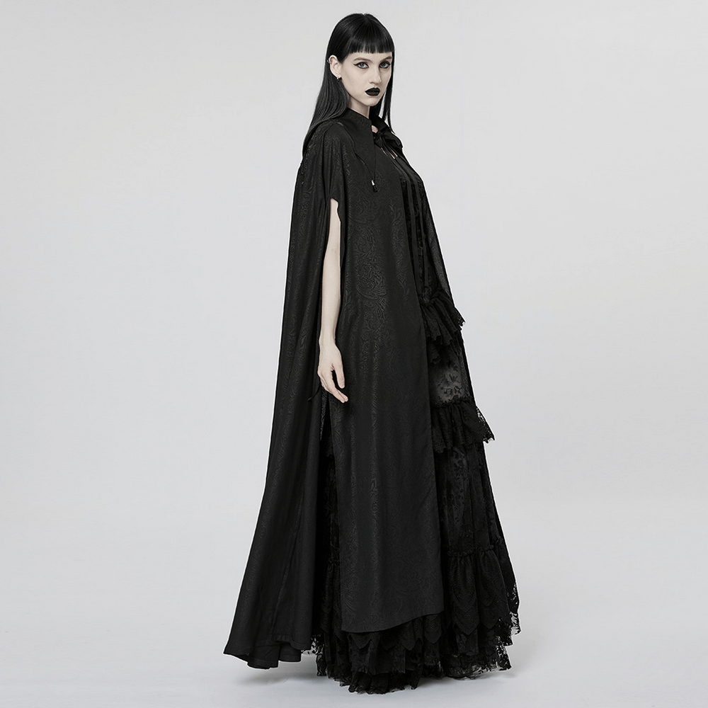 Gothic chiffon lapel cloak featuring lace details and a crystal pendant, embodying dark elegance and enchantment.