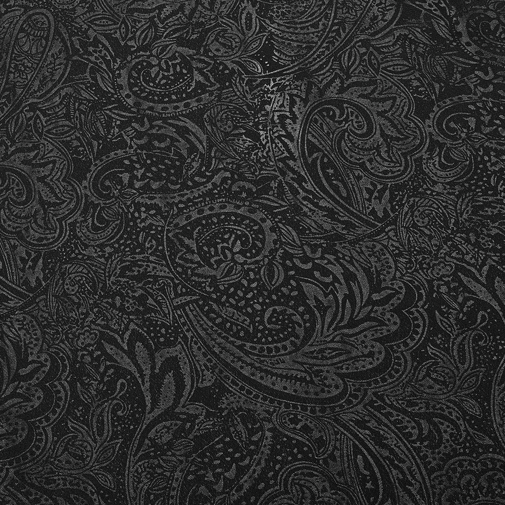 Intricate black paisley pattern fabric background, perfect for gothic fashion designs.
