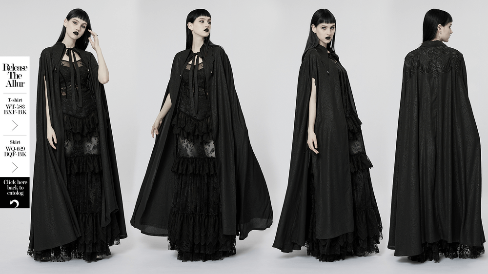 Gothic chiffon cloak with crystal pendant and lace details, showcasing stylishly pointed lapels for a mystical look.
