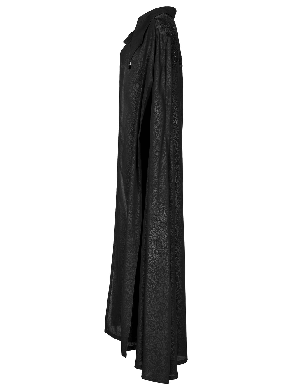 Chiffon printed goth lapel cloak in black with elegant lace and crystal details, showcasing its flowing design.
