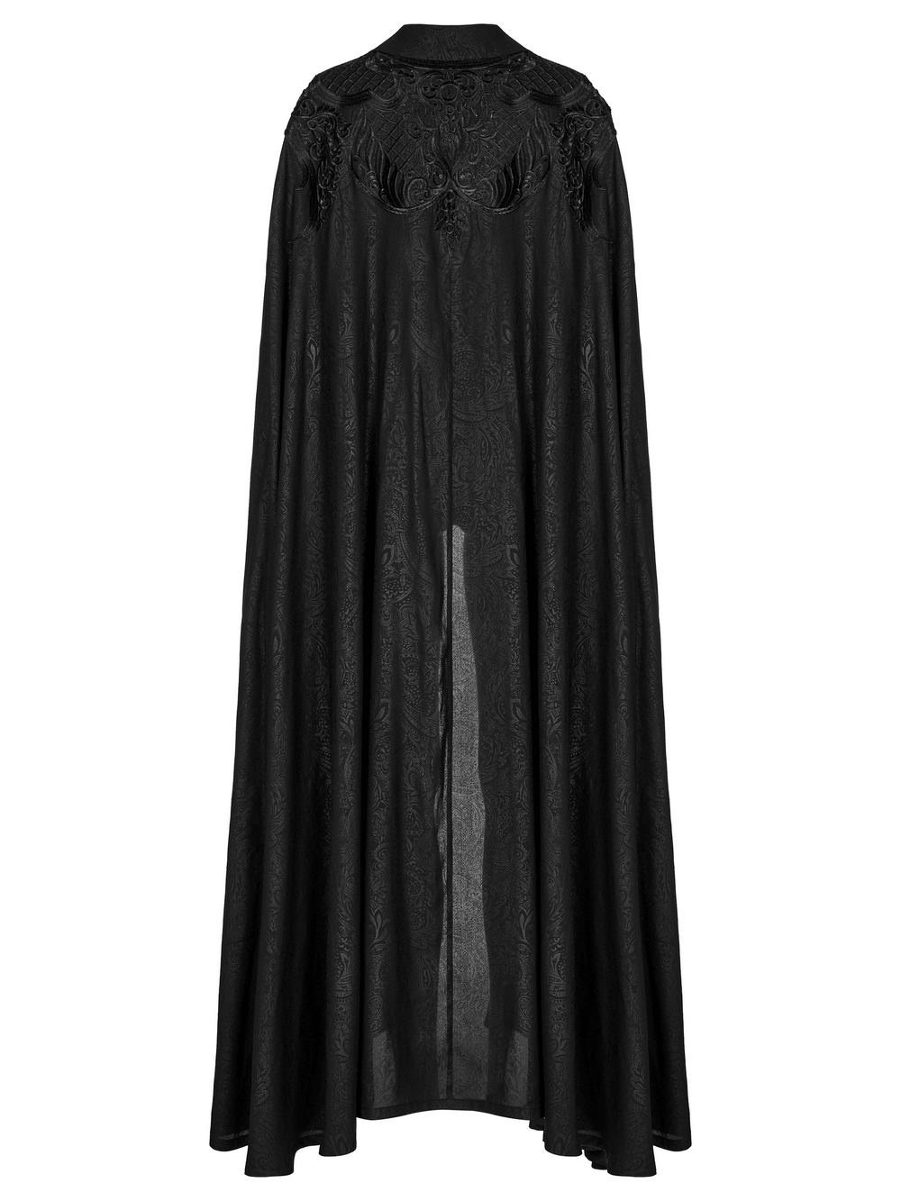 Elegant black chiffon goth lapel cloak with lace details, showcasing intricate design and mystique.