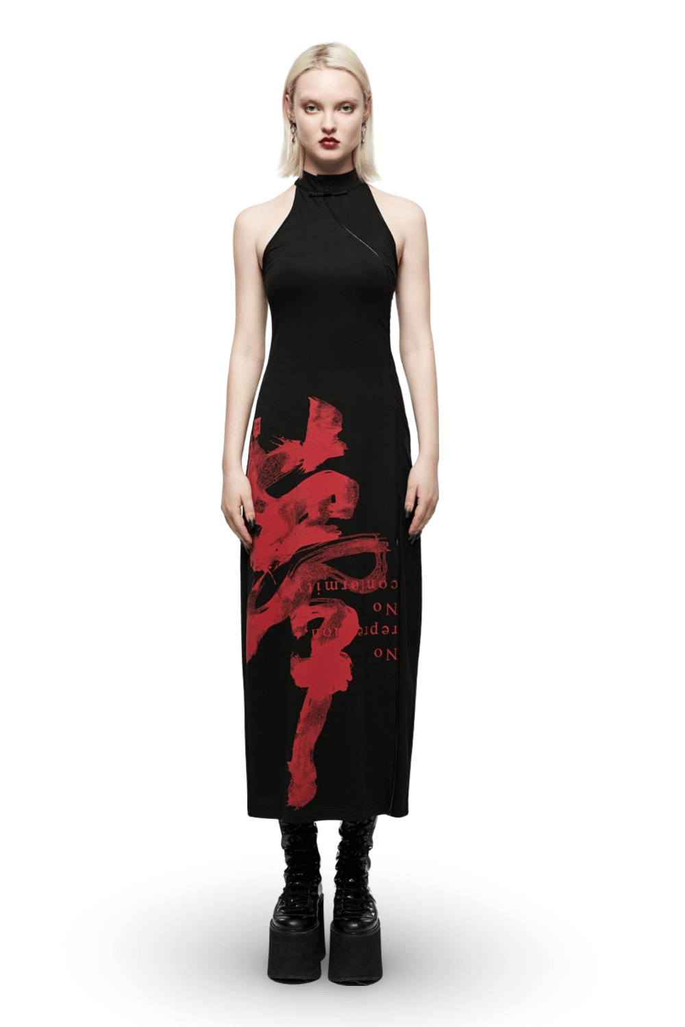 Chinese Ink Art Halter Dress with Side Slit Elegance