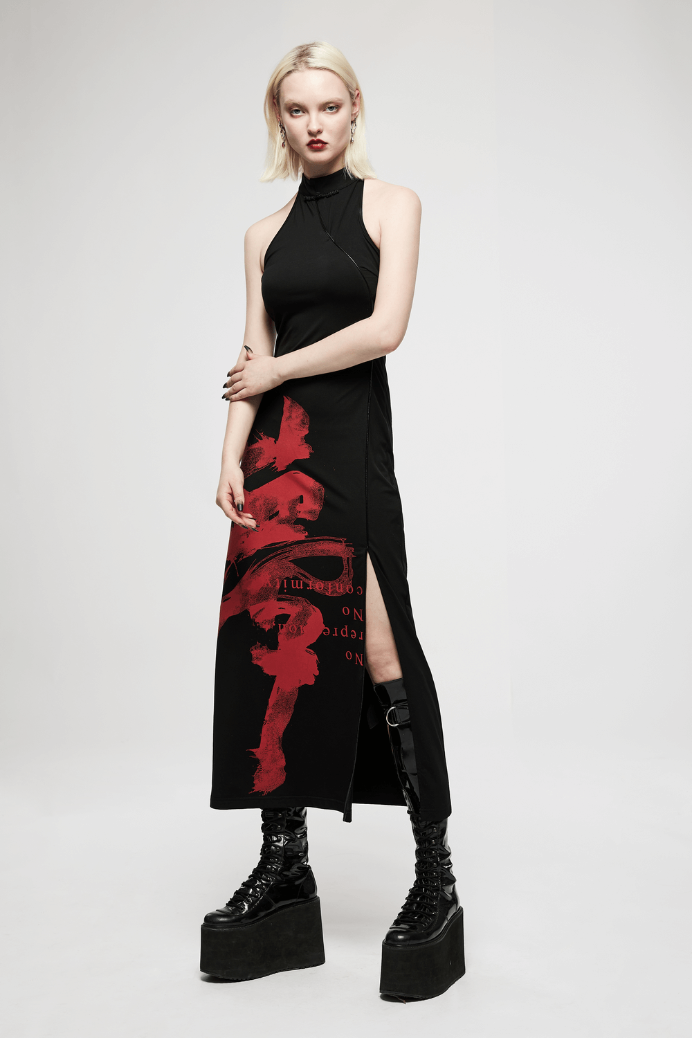 Chinese Ink Art Halter Dress with Side Slit Elegance