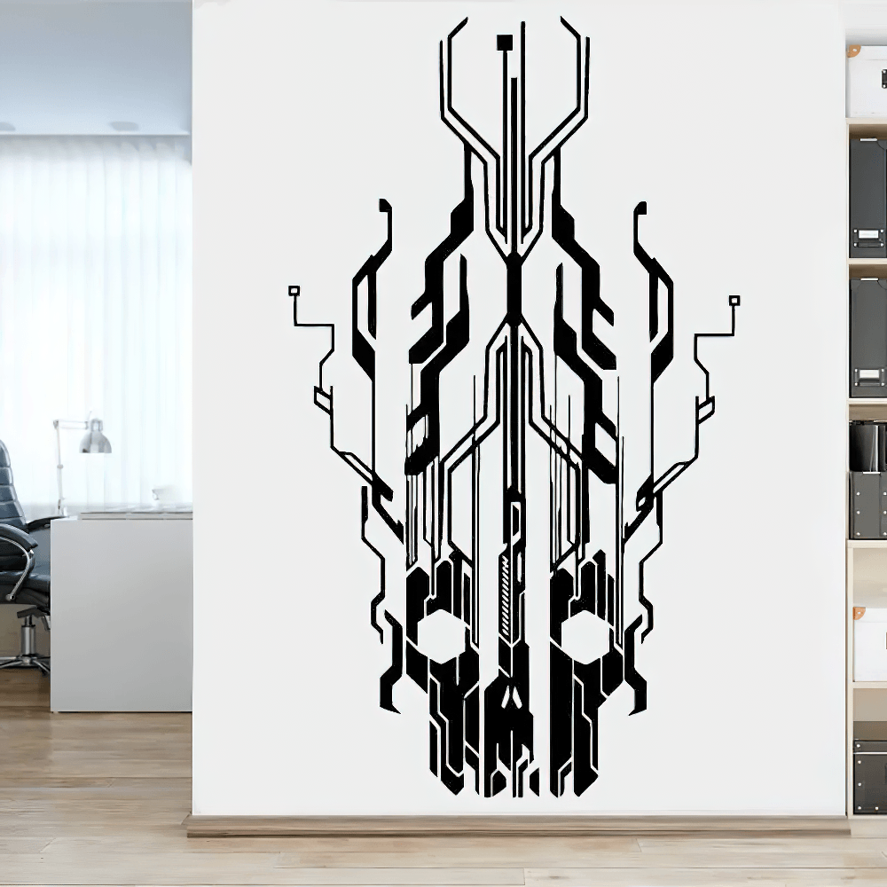 Chip Circuit Skull Vinyl Decal for Office and Gaming Rooms on a modern wall in an office setting.