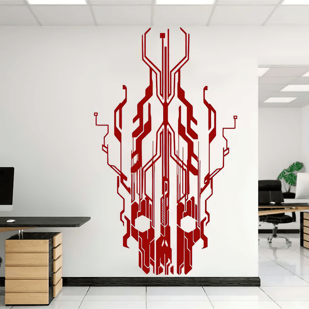 Chip Circuit Skull Vinyl Decal for Office and Gaming Rooms on a white wall, enhancing modern workspace decor.