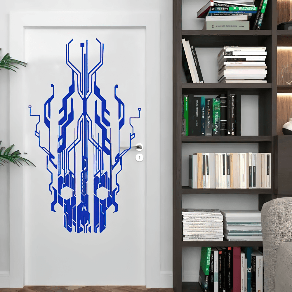 Chip Circuit Skull Vinyl Decal for Office and Gaming Rooms on door in modern office setting.