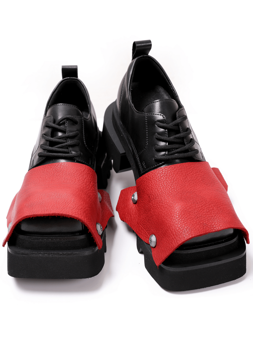 Chunky Platform Derby Shoes with Leather Overlay for Women featuring bold red accents.