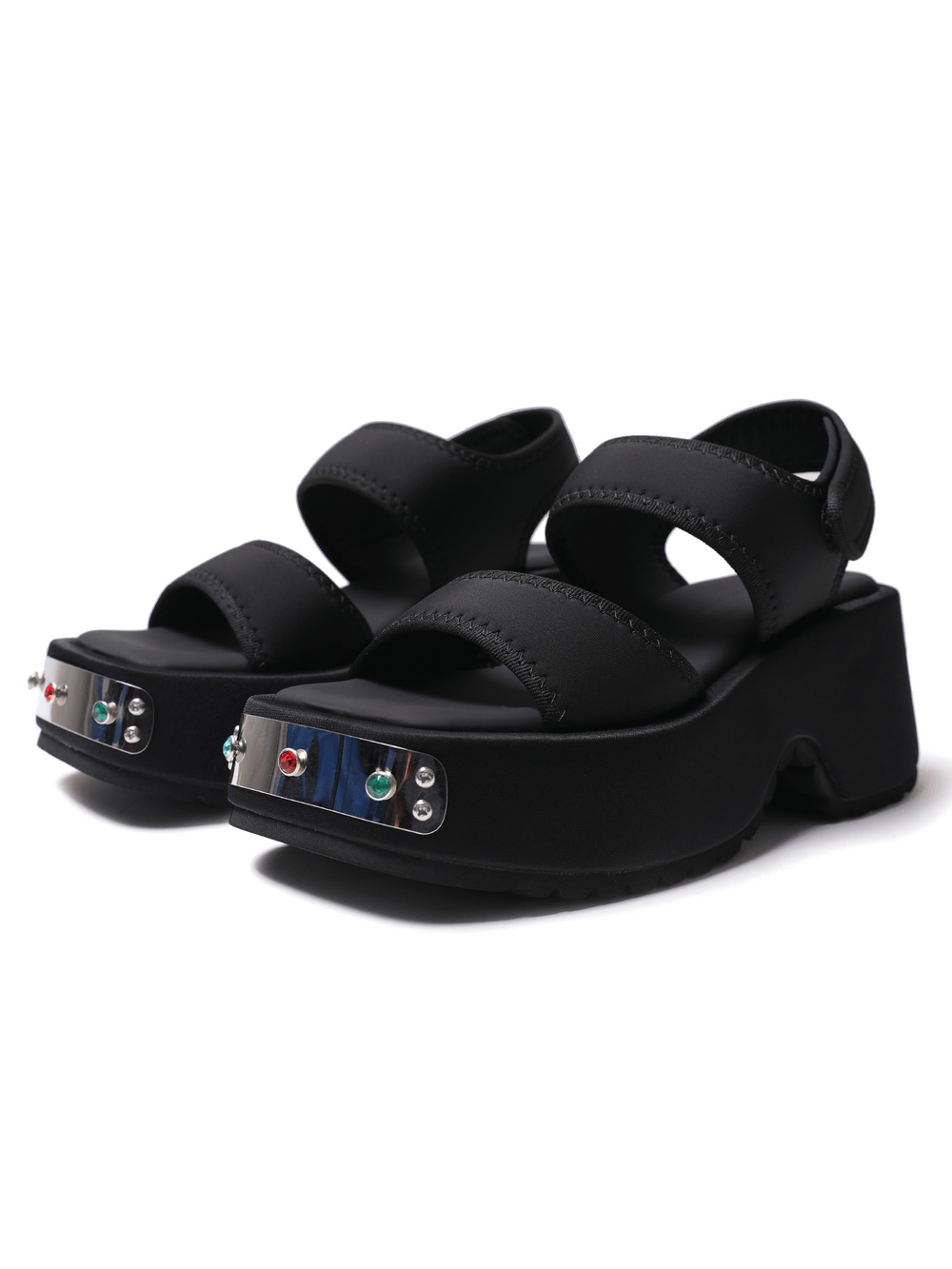 Chunky Two-Strap Wedge Sandals with Studded Silver Accents black platform sandals with gemstone toe trim