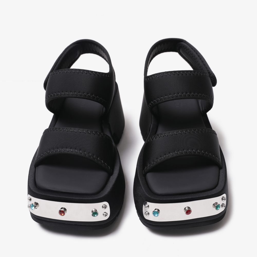 Chunky Two-Strap Wedge Sandals with Studded Silver Accents black punk platform sandals with gemstone toe trim