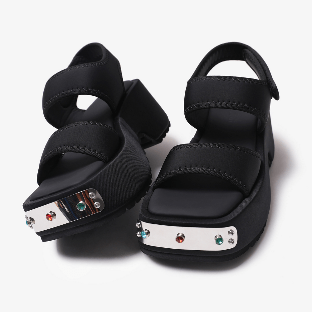 Chunky Two-Strap Wedge Sandals with Studded Silver Accents, black punk platform sandals with gem trim