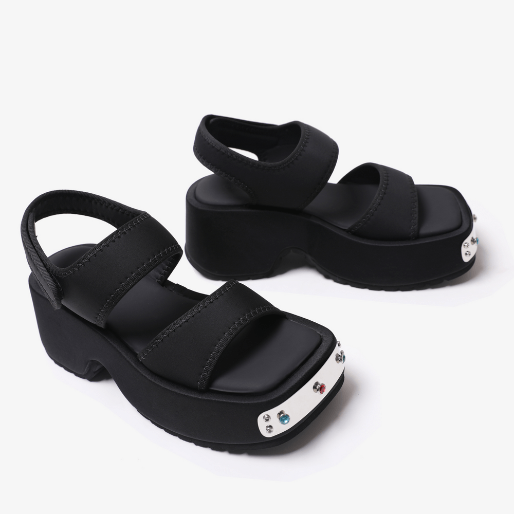 Chunky Two-Strap Wedge Sandals with Studded Silver Accents black platform sandals with gem trim and back strap