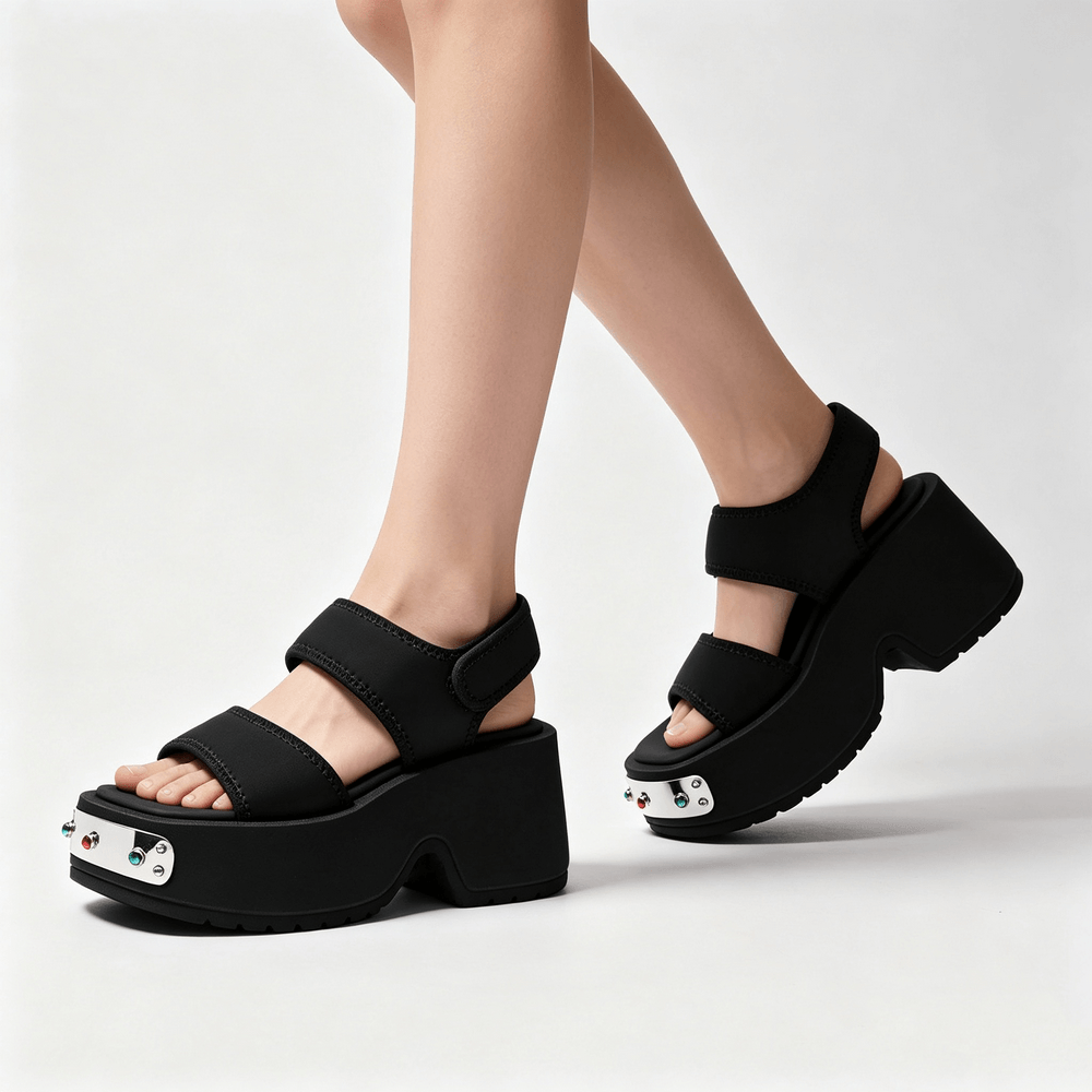 Chunky Two-Strap Wedge Sandals with Studded Silver Accents, black punk platform sandals with gem toe trim