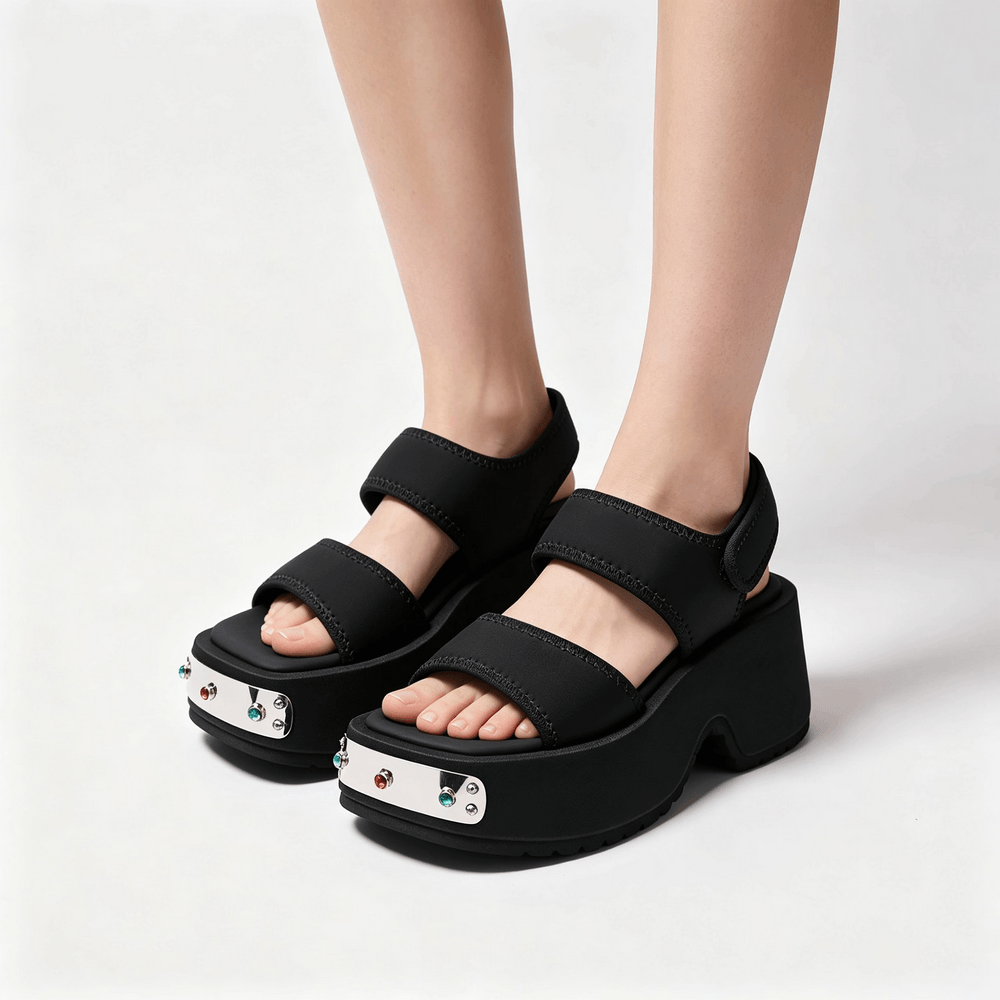 Chunky Two-Strap Wedge Sandals with Studded Silver Accents, black punk platform sandals with gem trim