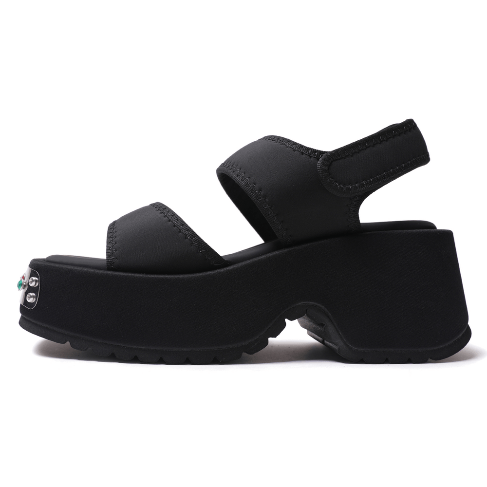 Chunky Two-Strap Wedge Sandals with Studded Silver Accents black platform sandals with gem trim and stitched straps