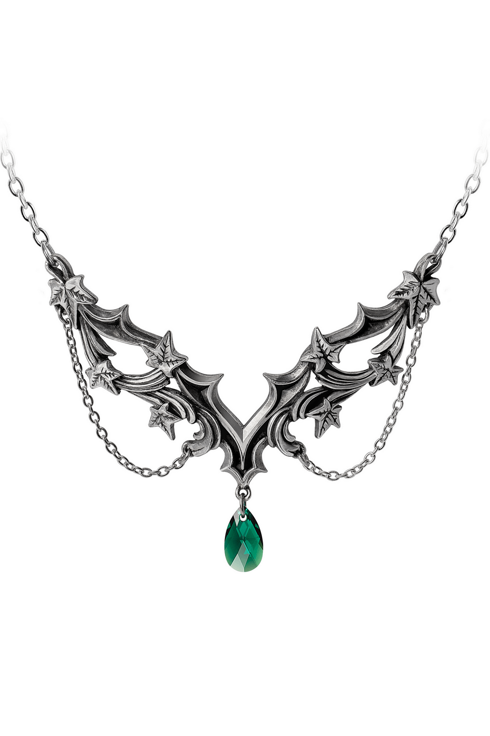 Gothic necklace with ivy leaves and green crystal, showcasing elegance and nature’s beauty, perfect for any outfit.