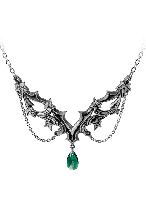 Churchyard Gothic Necklace Ivy Leaves with Green Crystal