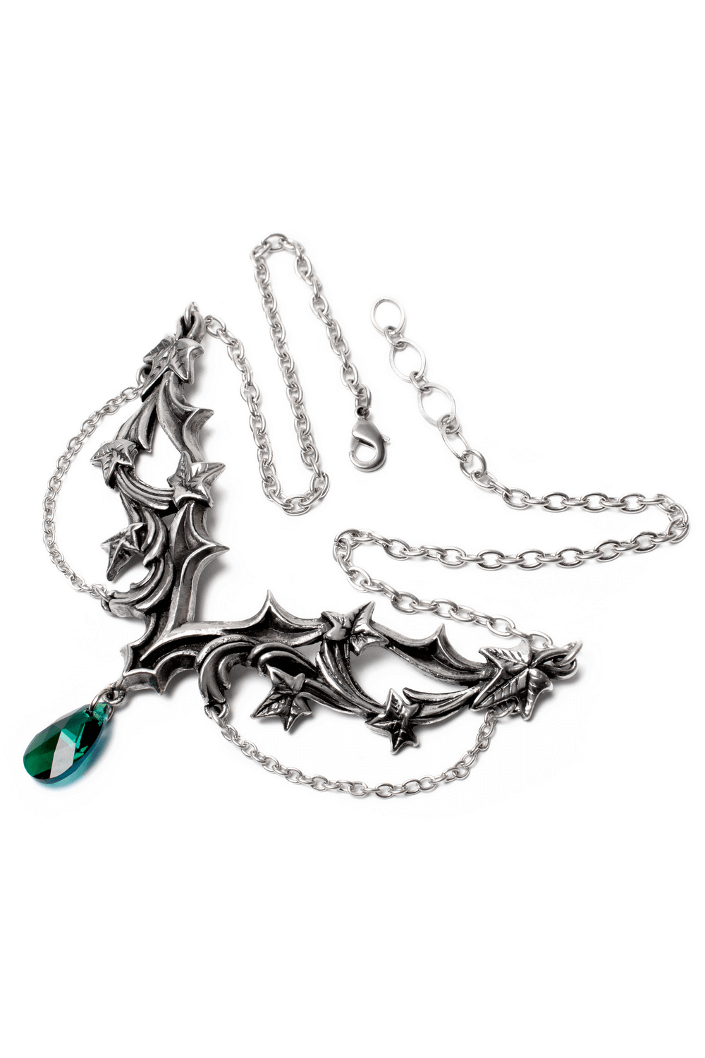 Gothic necklace with ivy leaves and green crystal, showcasing elegance and dark charm.