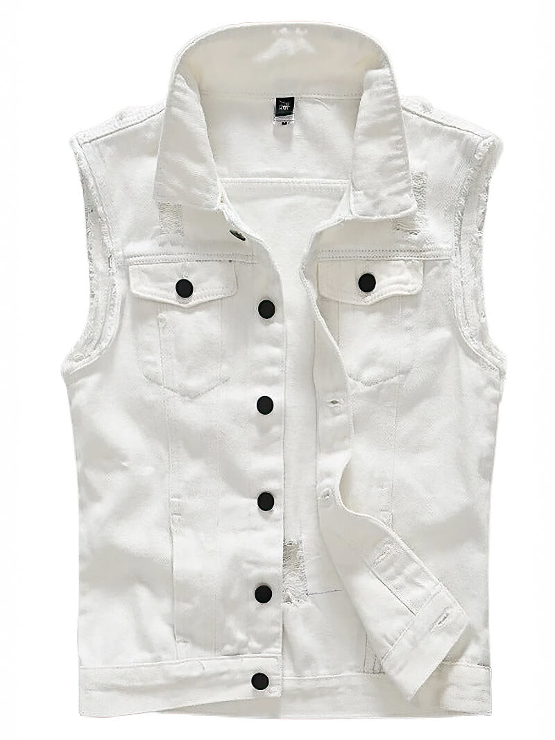 White sleeveless denim vest for men with pockets, perfect for casual outings or layering with rock style outfits.