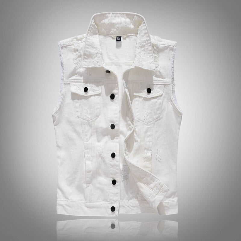 White sleeveless denim vest for men with chest pockets and button closure, perfect for casual wear.