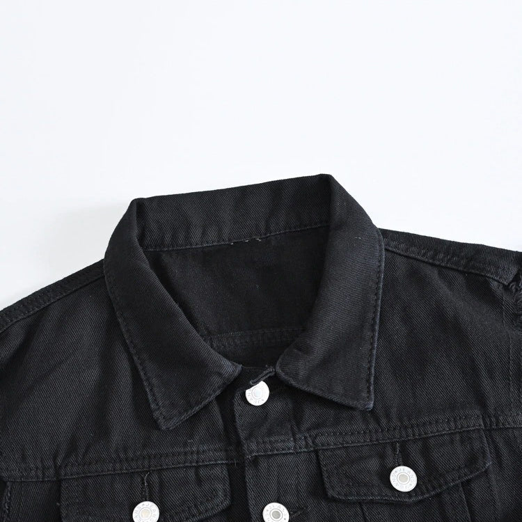 Classic black denim vest collar with buttons, ideal for rock and casual style outfits.