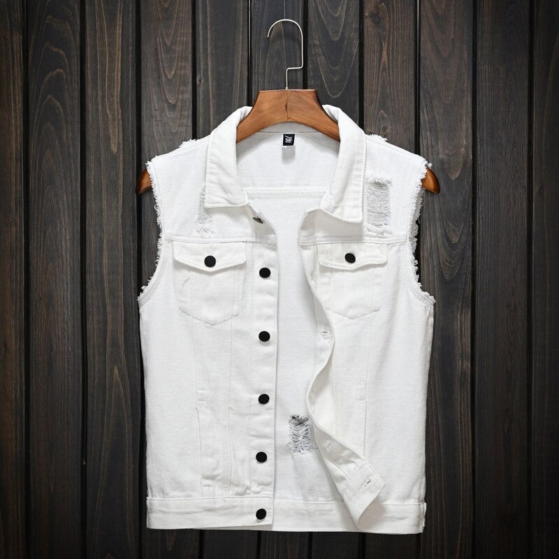 White denim vest with cut-off sleeves and chest pockets, perfect for casual outings and layering.