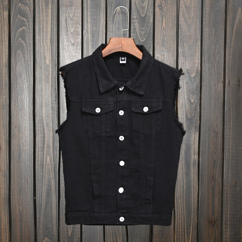 Classic black denim vest for men, sleeveless and slim-fit, perfect for rock style and casual occasions.
