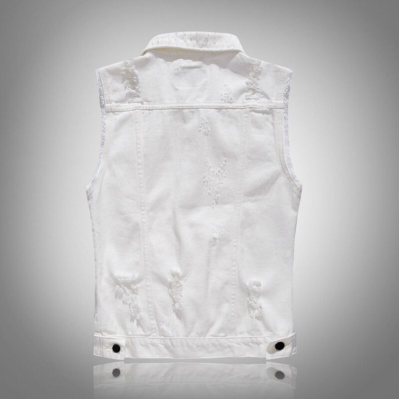 Back view of a stylish white denim vest for men featuring ripped details, perfect for casual rock outfits.