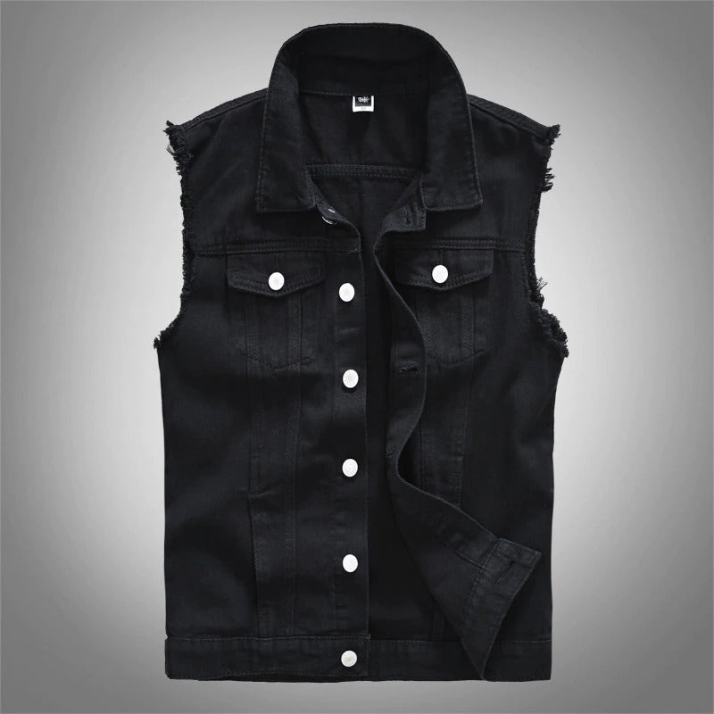 Classic black denim vest for men, sleeveless with ripped sleeves, perfect for rock style outfits.