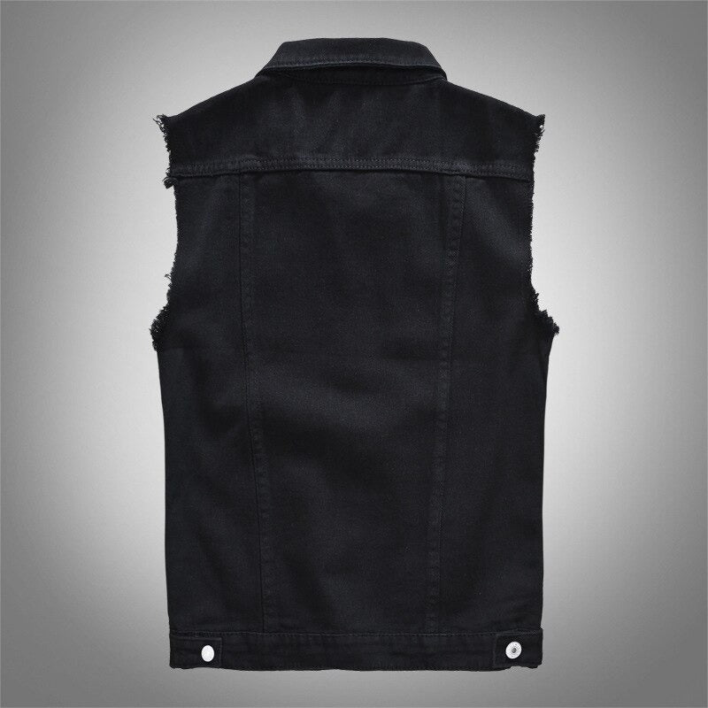 Back view of classic black jeans vest for men, showcasing ripped sleeves and slim fit design.
