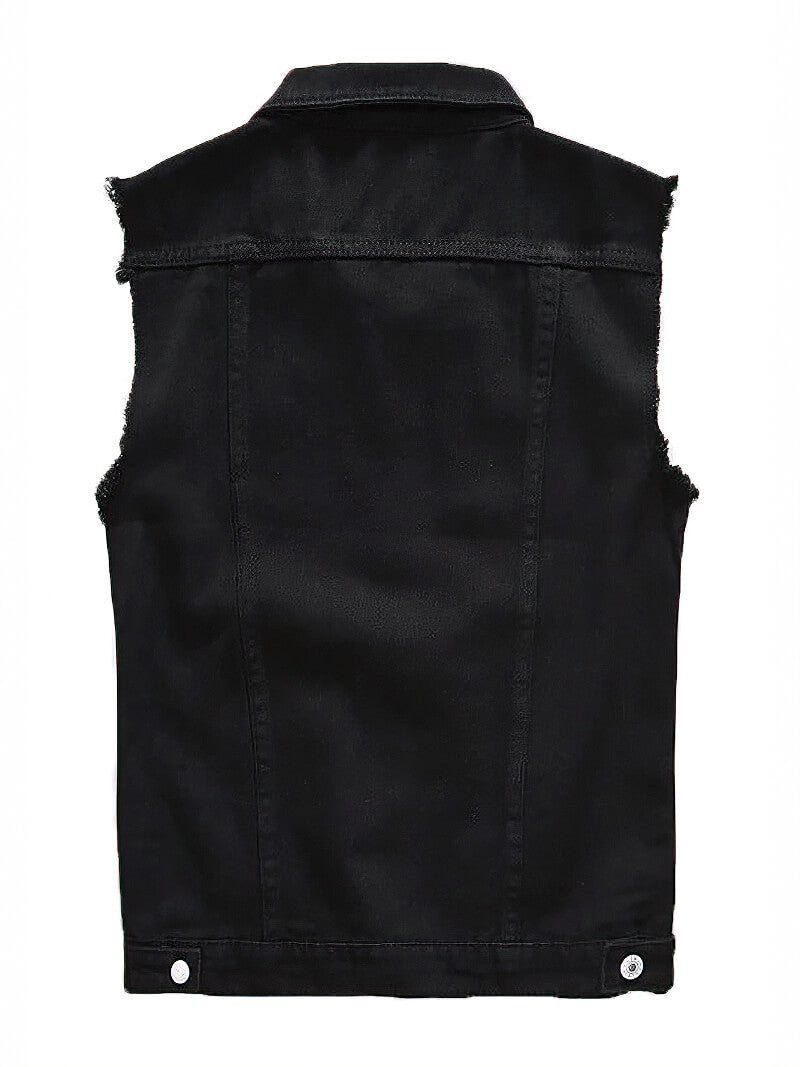 Classic black denim vest for men with ripped sleeves, perfect for rock style and casual outings.