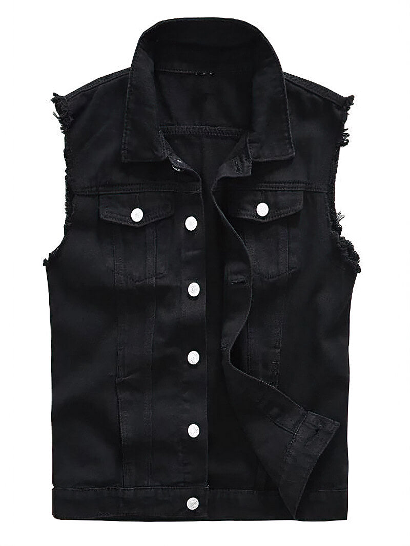 Classic black denim vest for men, sleeveless design with ripped sleeves and chest pockets, perfect for casual rock style outfits.