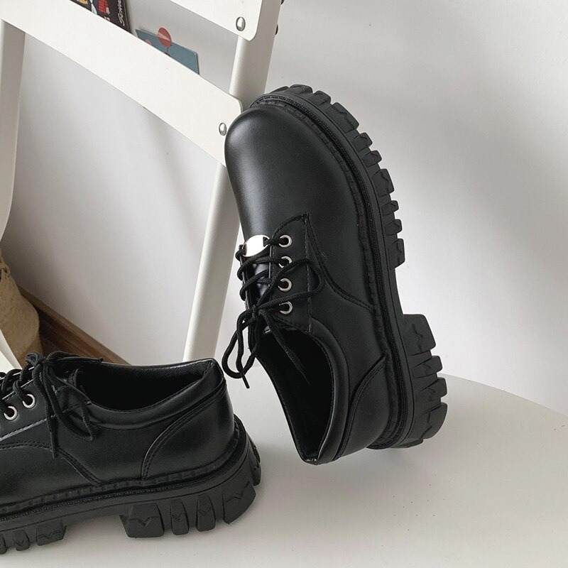 Classic Black Platform Oxford Boots / PU Leather Shoes with Square Heels and Round Toe - HARD'N'HEAVY