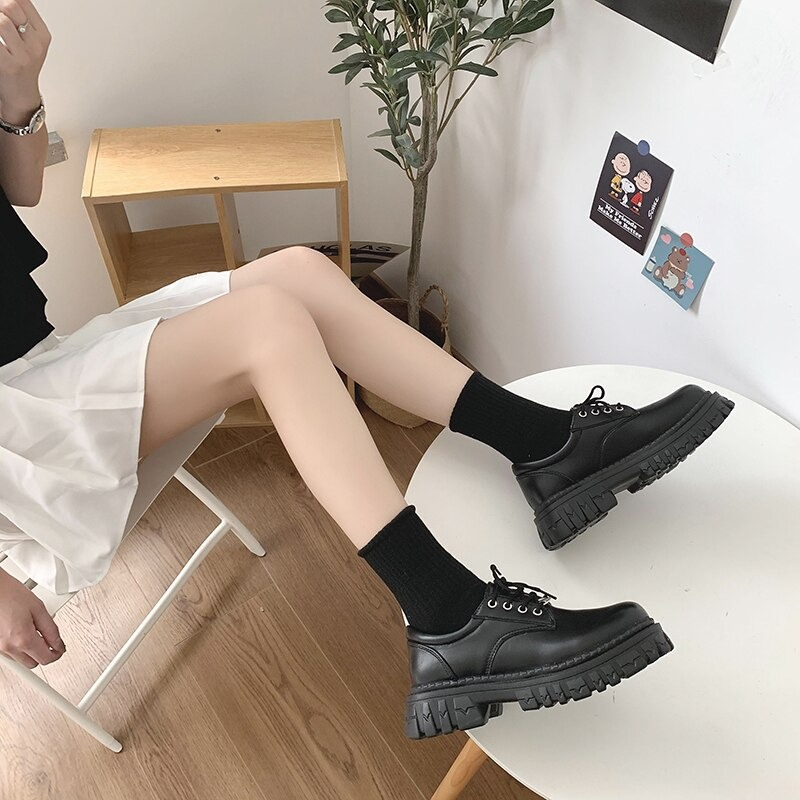 Classic Black Platform Oxford Boots / PU Leather Shoes with Square Heels and Round Toe - HARD'N'HEAVY