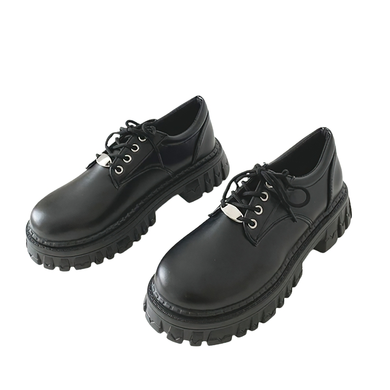 Classic Black Platform Oxford Boots / PU Leather Shoes with Square Heels and Round Toe - HARD'N'HEAVY